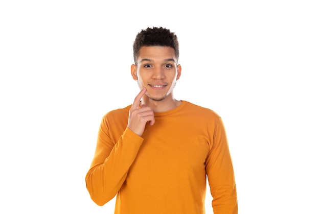 Latin guy with short afro hair isolated on white background