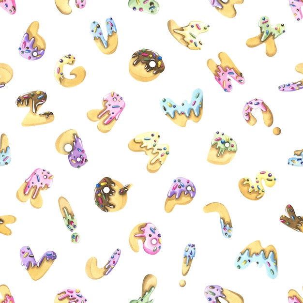 Latin letters sweet cookies with icing and confectionery sprinkles multicolored Watercolor illustration Seamless pattern on a white background from the collection of ICE CREAM and SWEETS