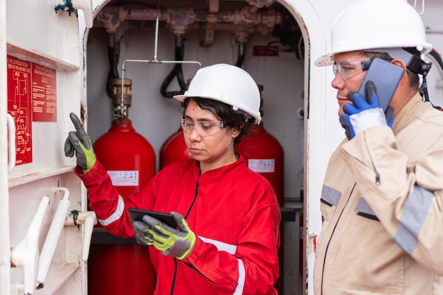 Latin Man communicating via phone female partner conducts tablet inspection in industry