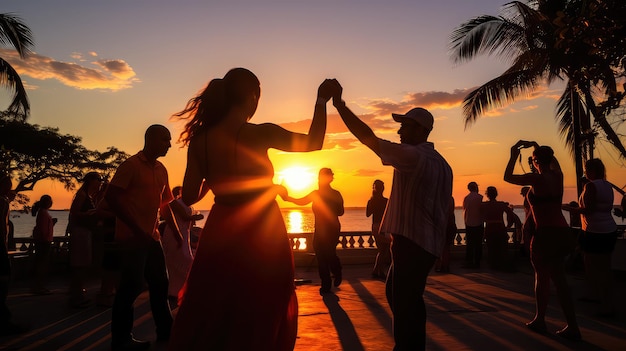 Latin party dancing salsa bachata kizomba on the beach at sunset AI image