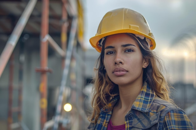 Latin woman builder at construction site wearing hardhat