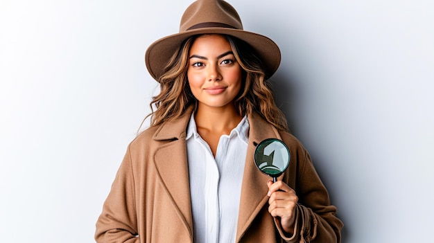 Photo latin woman detective holding magnifying glass isolated on white background