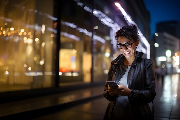 Latin woman smiling and looking at her phone on the street at night