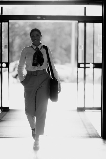 Photo latina businesswoman radiating confidence and style as she navigates the urban shopping center