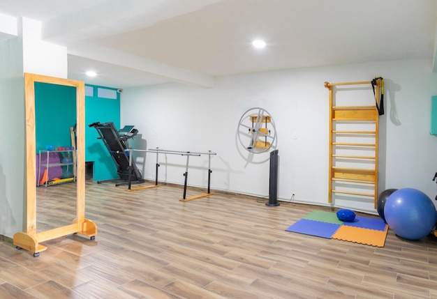 Latino physiotherapy clinic with handrails stairs and physical rehabilitation equipment