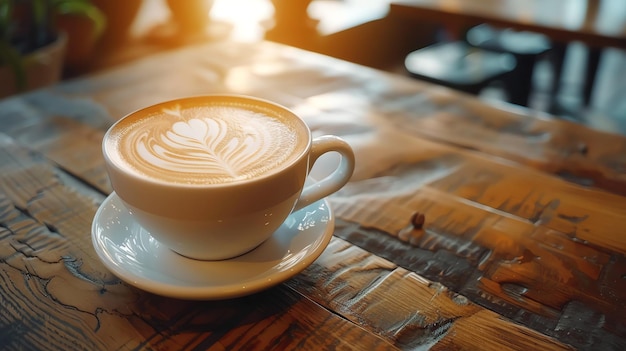 A latte art coffee cup sits on a wooden table in a cafe