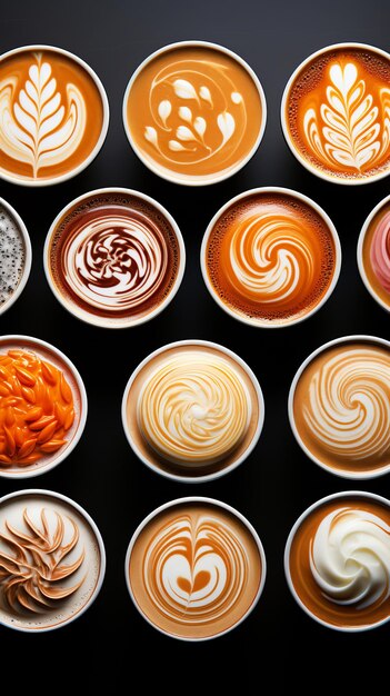 Photo latte art creation creative and intricate latte designs on black background flat lay top view