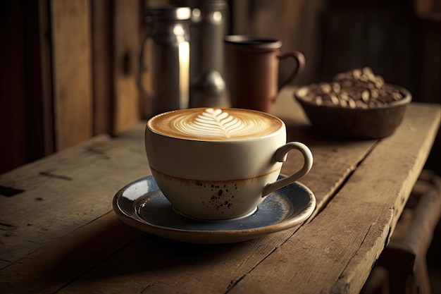 Latte coffee cup on a wooden bar