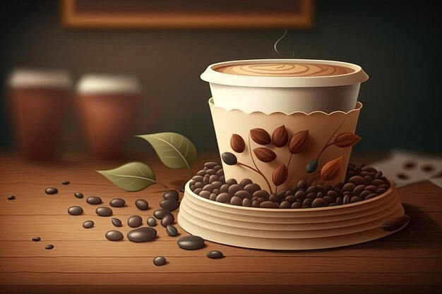 Latte in paper cup and coffee beans in bowl on wooden table