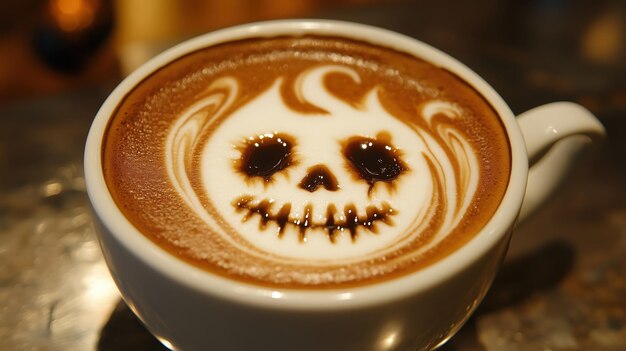 A latte with a spooky skull design created with foam art