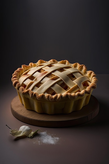 Lattice topped vegan apple pie with copy space against