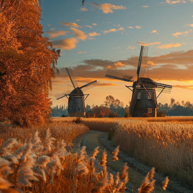 Latvian Autumn Landscape with Windmills in Rural Setting