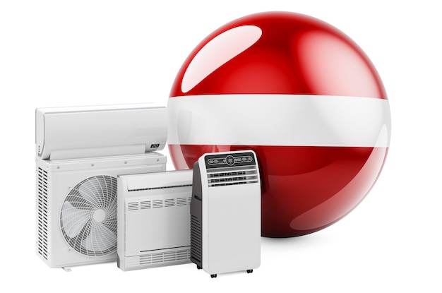 Latvian flag with cooling and climate electric devices Manufacturing trading and service of air conditioners in Latvia 3D rendering