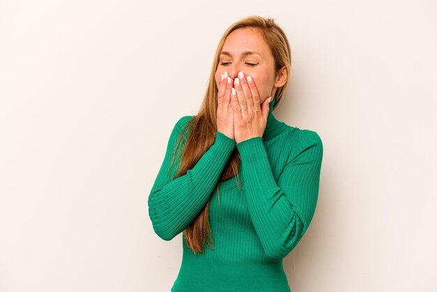 Photo laughing about something covering mouth with hands