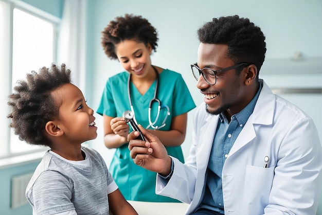 Laughing african american boy patient taking male doctors stethoscope in hospital Hospital medical and healthcare services