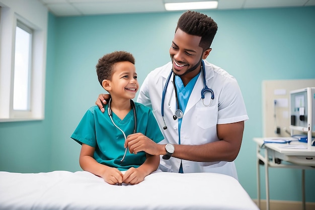 Laughing african american boy patient taking male doctors stethoscope in hospital Hospital medical and healthcare services