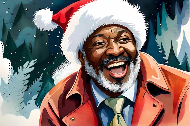 Laughing black man with Santa hat Generative AI illustration for Christmas