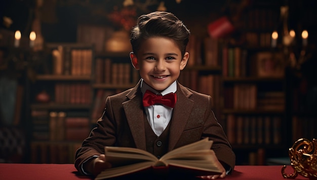 Laughing boy sits at a table with a book and smiles learning concept AI Generated