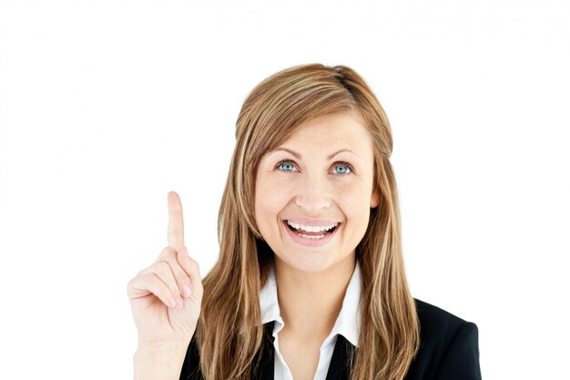 Laughing businesswoman showing with her finger up 