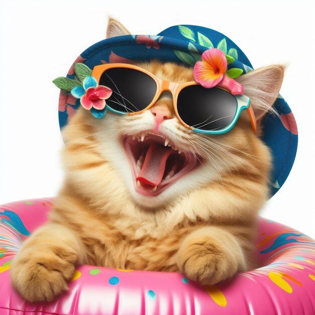 Laughing cat wearing sunglass and an inflatable ring isolated on white background