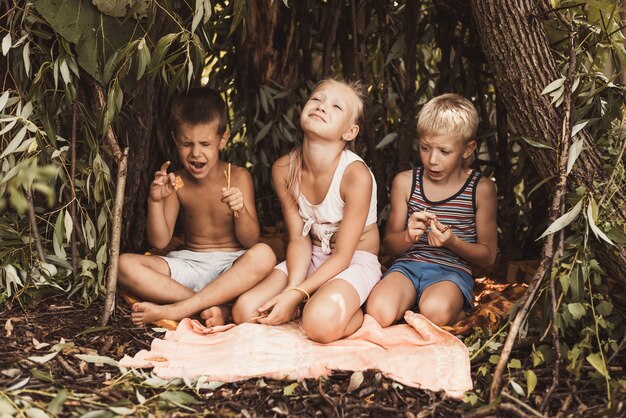 Laughing children play in a hut made of twigs and leaves. Wooden house in the village