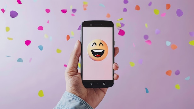 Laughing Emoji On Smartphone Against Confetti Background