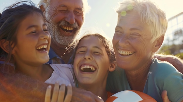 Laughing family hugging each other after playing a volleyball game outside in summer Generative AI