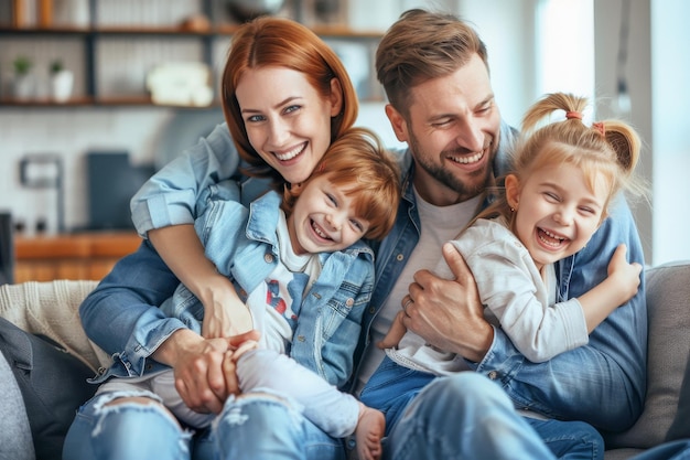 Photo laughing family of three enjoying themselves at home on sofa man and girl tickling and playing with mother in living room interior