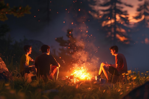 Laughing friends sharing stories around a campfire