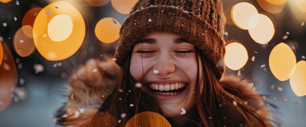 Photo a laughing girl wearing a woolen cap her face glowing with joy