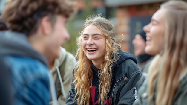 Photo laughing girl with friends in group