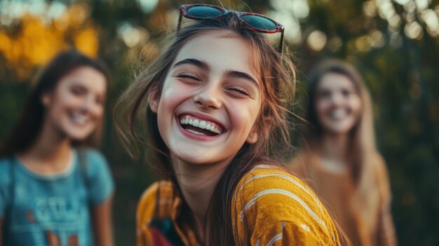 Laughing Girl with Friends in Nature