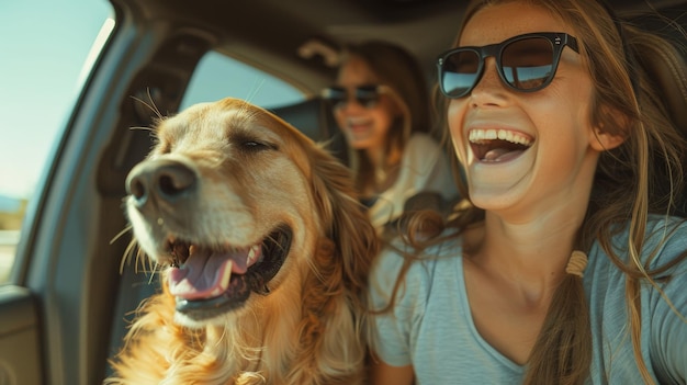 Laughing Girls and Golden Retriever Enjoying a Sunny Drive in a Family Car