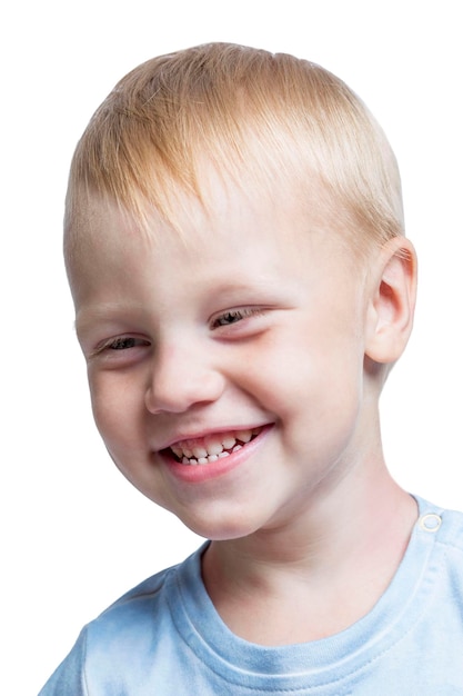 Laughing little blond boy Happiness and positive Isolated on white background Vertical Closeup