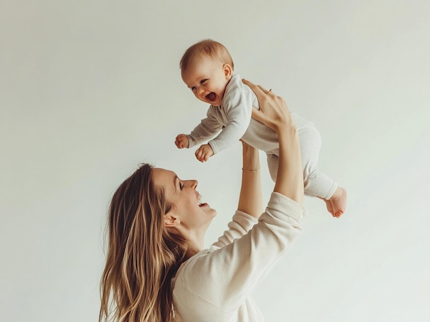 Photo laughing mother lifting her baby son