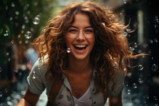 Laughing on the picture the girl took Portrait of a happy and attractive Caucasia generative IA