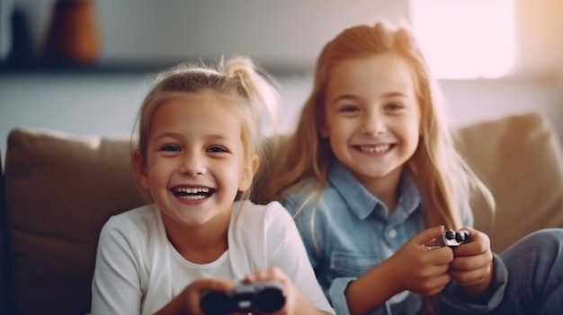 Laughing and playing games on a console while seated on a sofa at home a pretty little girl and boy are using Generative AI