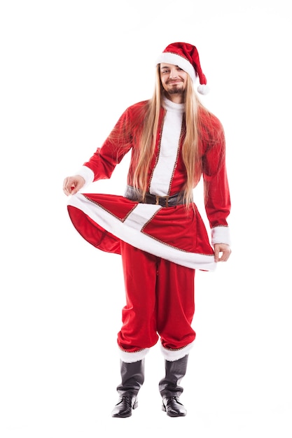 Laughing positive Santa Claus with long hair isolated on a white background