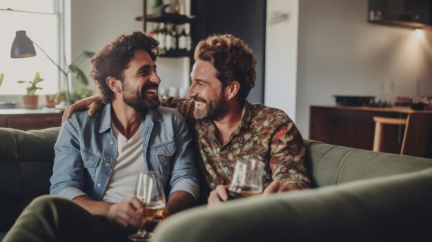 Laughing relaxing gay couple chatting on the couch with a glass of wine