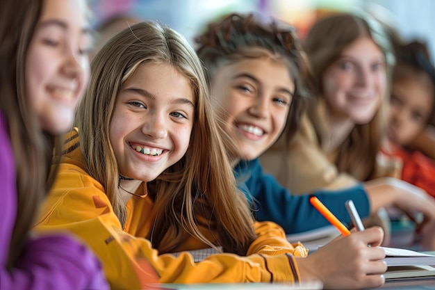 Photo laughing students at desktop