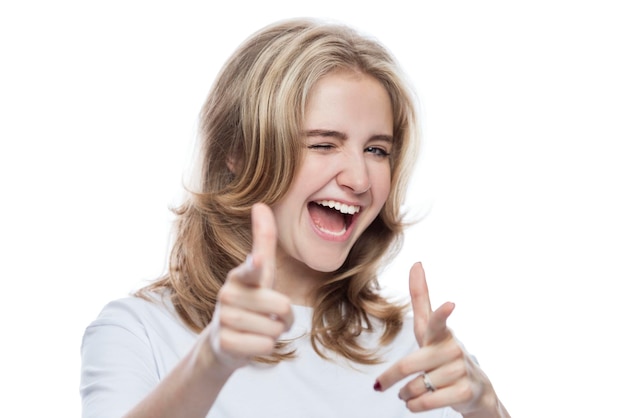 Laughing teenage girl in a white Tshirt Activity and positive Isolated on white background Closeup