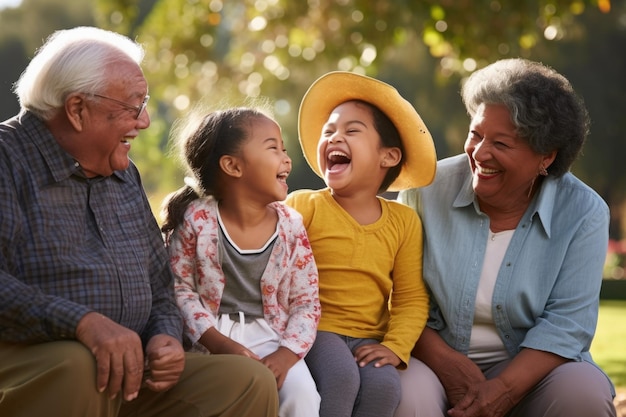 Laughing together grandparents parents and children in a park