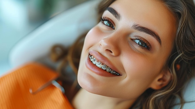 Photo laughing woman mouth with great teeth over blue background