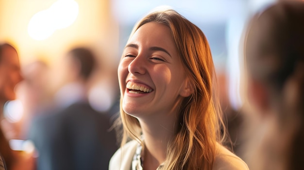 Laughing Woman at Networking Event in Blurred Crowd Laughing woman networking event blurred crowd