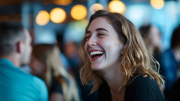 Laughing Woman at Networking Event in Blurred Crowd Laughing woman networking event blurred crowd