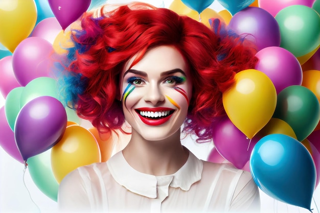 Laughing woman with clown makeup colored wig and colorful ballons isolated on white Generative ai