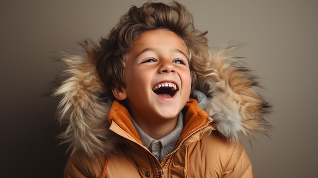 Laughing young Caucasian boy in casual outfit isolated