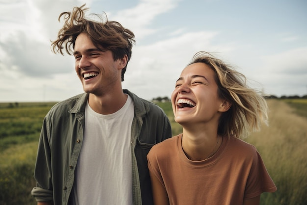 Photo laughing young couple standing on a country road