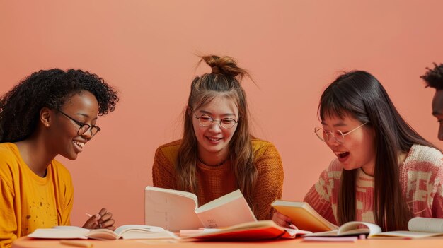 Laughing young students with books engaging in a lively discussion on a pink background