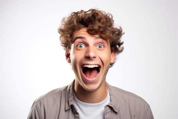 Laughing young white man with curly hair and blue eyes Man smiled excitedly white background Man